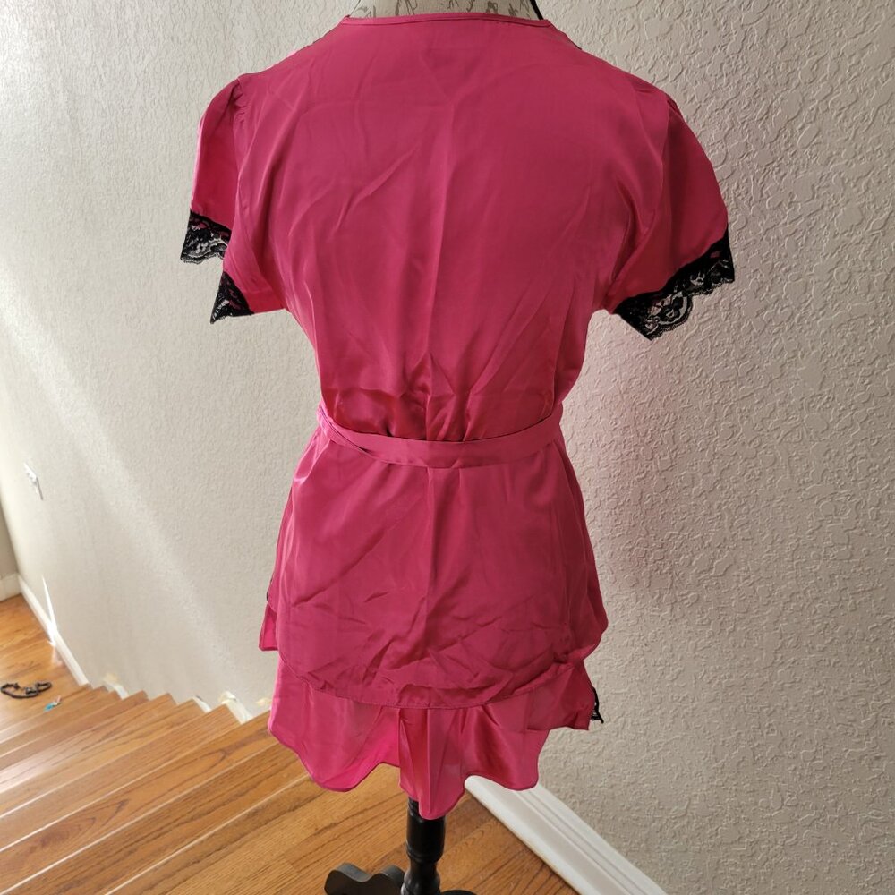 NWOT 3-Piece Pink Satin Pajama: Wraparound Top, Shorts, Pants - Picture 2 of 10